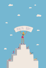 Fototapeta na wymiar Exercise to the top of health body. Woman holding health body banner. Vector illustration exercises on the stairs to the top.