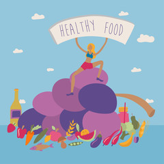 Woman sitting on the purple grapes and holding banner healthy food. Vector illustration of healthy food.