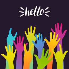 Colorful up hands silhouettes on dark background