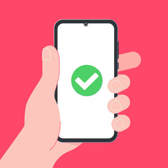 Hand holding black mobile phone with round chek mark OK isolated on red background. Smartphone on human's hand flat design vector illustration