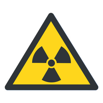 Radioactive contamination in the triangle sign flat design vector illustration. Bllack triangle and sign, yellow background. Toxic sign, warning of radioactive zone isolated on white background. Radio