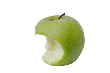 green apple with water drop bite on white background