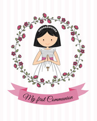 my first communion girl. beautiful girl praying and flower frame