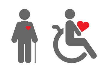 Disabled person in wheelchair and old man with walking stick. Vector icon.