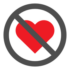 NO LOVE crossed out sign. Red heart icon in circle. Vector.