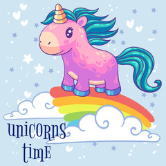 Little pink pony unicorn standing on a rainbow. Cartoon character. It can be used for sticker, patch, phone case, poster, t-shirt, mug and other design.