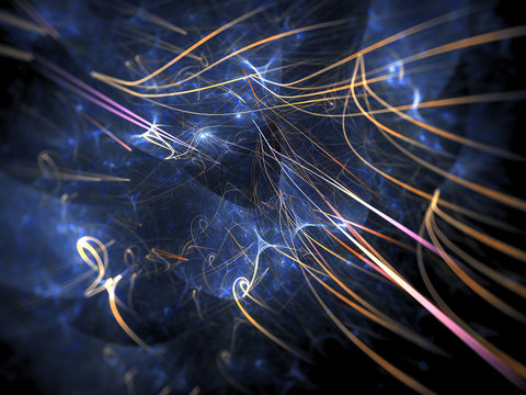 Orange glowing particle trajectories in quantum world