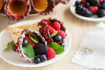 Dark Chocolate-Dipped Waffle Cones with berries