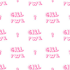 Seamless patternwith girl power lettering and Sex symbols. Gender woman flat symbols. Pink Fun comic feminism slogan and symbols in cartoon style.