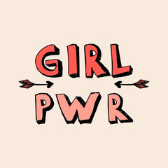 Girl Power lettering with girly doodles hand draw arrows. Feminist slogan and cartoon comic sticker on beige background. Hand drawn black brush ink lettering GRL PWR.