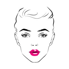 Beautiful woman face with pink lipstick on lips. Fashion illustration of the sketch Elegant beautiful woman face hand drawn vector illustration eps 10