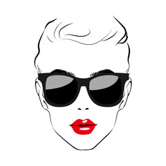 Beautiful Women face with sunglasses. Art monochrome black sketching vector girl face with red lips and glass symbols with space for text. Fashion Girls Illustration