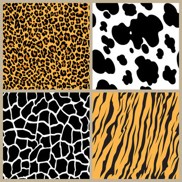 Print set safari jungle animal fur stripe animals bengal tiger giraffe zebra cow texture pattern seamless repeating white black orange 