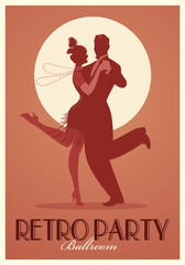 Retro Party Poster. Silhouettes of couple wearing clothes in the style of the twenties dancing Charleston