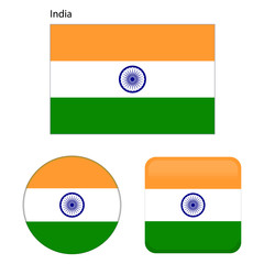 Flag of India. Correct proportions, elements, colors. Set of icons, square, button. Vector illustration on white background.