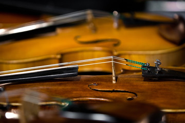 Fototapeta na wymiar Fragment of a violin closeup in dark tones