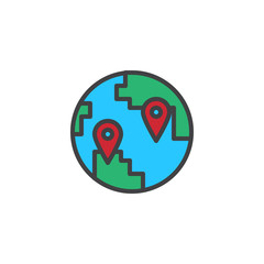 Globe with destination location pin filled outline icon, line vector sign, linear colorful pictogram isolated on white. Travel points symbol, logo illustration. Pixel perfect vector graphics