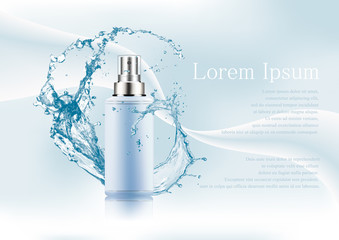 Advertising magazine page,Splash of water,realistic plastic package for cosmetic products with batcher,tube for lotion,gel,cream,with text on abstract stylish gradient background.Vector illustration.
