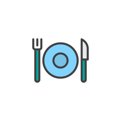 Plate with cutlery filled outline icon, line vector sign, linear colorful pictogram isolated on white. Fork and knife with plate symbol, logo illustration. Pixel perfect vector graphics