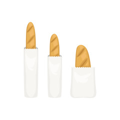 Three fresh baguettes in a paper bags, French bread vector Illustration