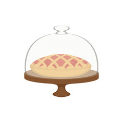 Fresh baked pie with lattice top in dome glass cover vector Illustration