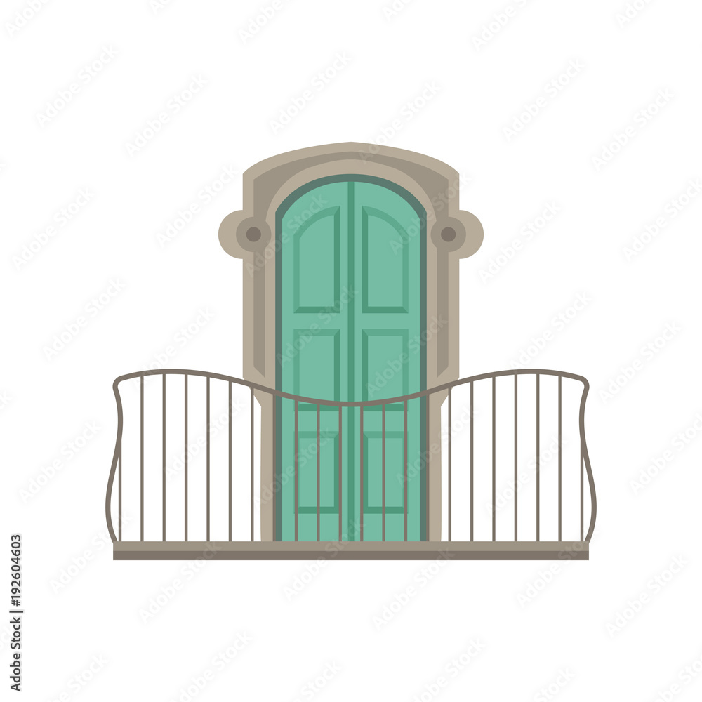 Poster window with green shutter and wrought iron railing vector illustration on a white background