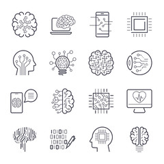 Artificial intelligence AI line icons. Robot intellect and cyborg chip mind signs. Innovation technology manufacturing and programming. Vector illustration. Editable Stroke.