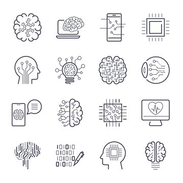 Artificial intelligence AI line icons. Robot intellect and cyborg chip mind signs. Innovation technology manufacturing and programming. Vector illustration. Editable Stroke.