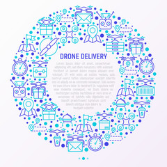 Drone delivery concept in circle with thin line icons: quadcopter, flying drone with package, remote control, front and side view. Modern vector illustration of innovative transport for print media.