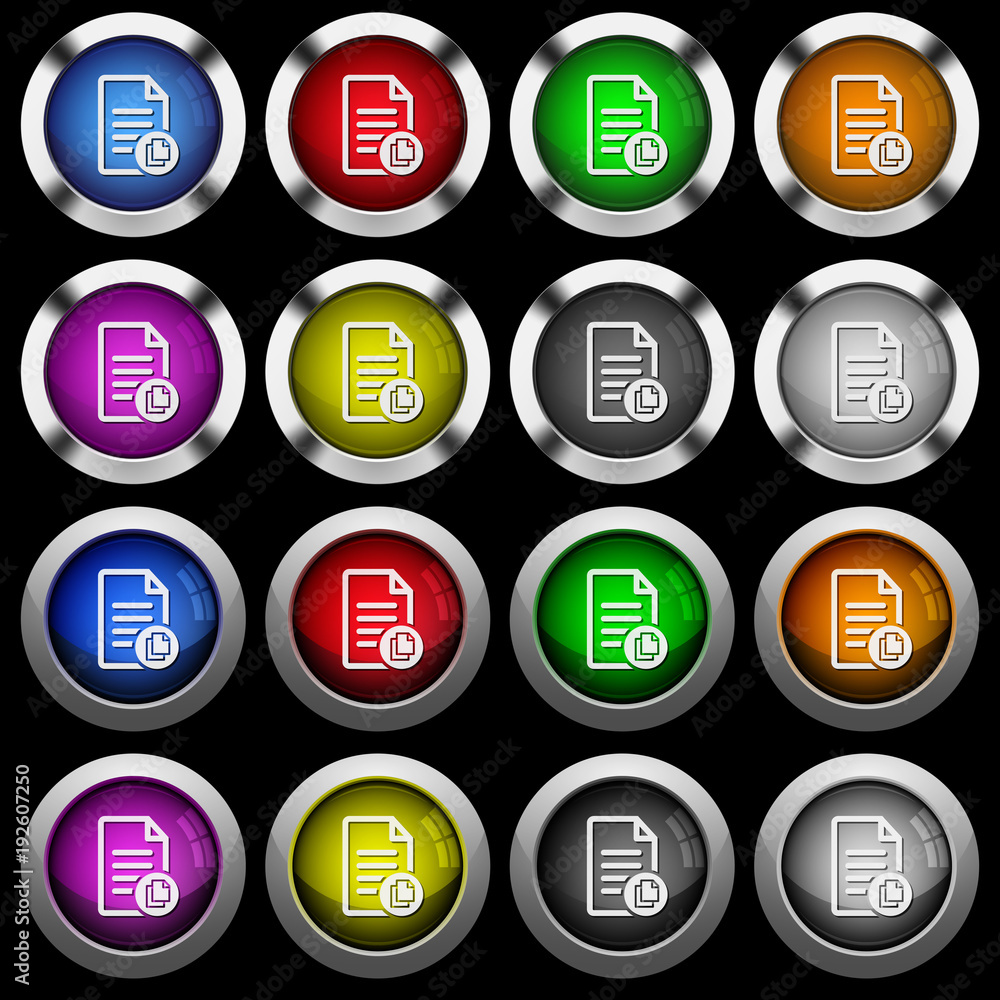 Poster copy document white icons in round glossy buttons on black background