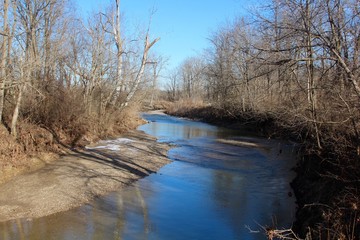 The small flowing creek in the park on a sunny day. 