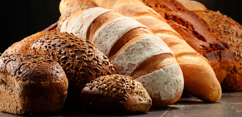 Composition with variety of baking products on wooden table