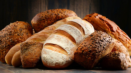 Composition with variety of baking products on wooden table