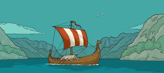 Drakkar floating on the fjord in Norway. Vintage color engraving © MoreVector