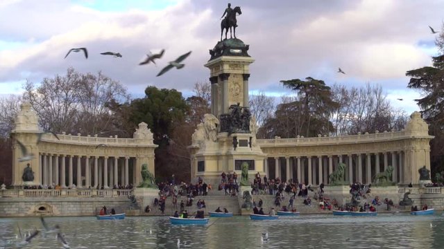 Monument To Alfonso XII in park Buen Retiro, Madrid Spain. Slow motion