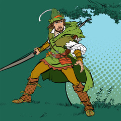 Robin Hood standing with bow and arrows. Robin Hood in ambush. Defender of weak. Medieval legends. Heroes of medieval legends. Halftone background.