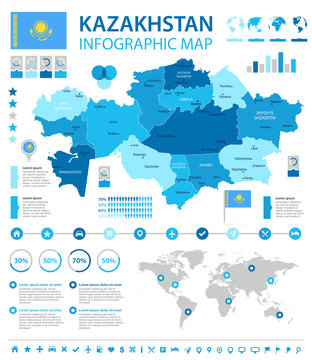Kazakhstan - infographic map and flag - Detailed Vector Illustration