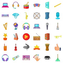 Deejay party icons set, cartoon style