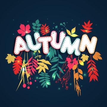 Text autumn in paper style on multicolor background with autumn leaves. Hand drawn grunge blots elements. Fall style for autumn sale.