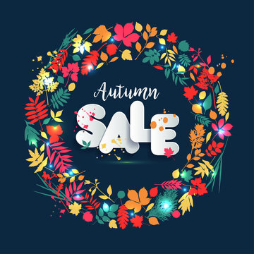 Text Sale in paper style on multicolor background with autumn leaves. Hand drawn grunge blots elements. Fall style for autumn sale.