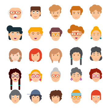 Colorful set of faces in flat design. Vector illustration of flat design people characters. 