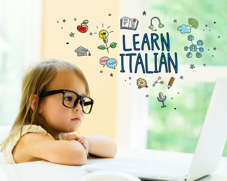 Learn Italian text with little girl using her laptop