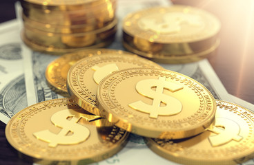 Golden dollar coins laying on dollar bills for money saving concept. 3D rendering