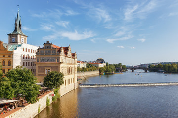 Fototapeta na wymiar Panoramic view of the river Vltava, embankment, bridges in the city of Prague. Czech Republic.