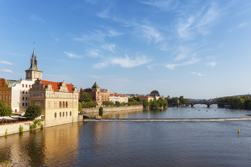 Panoramic view of the river Vltava, embankment, bridges in the city of Prague. Czech Republic.