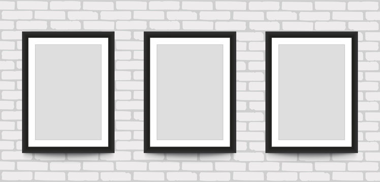 Blank picture frame for photographs on the brick wall. Stock vector