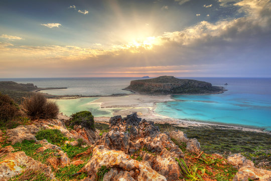 Sunset over beautiful Balos beach on Crete, Greece