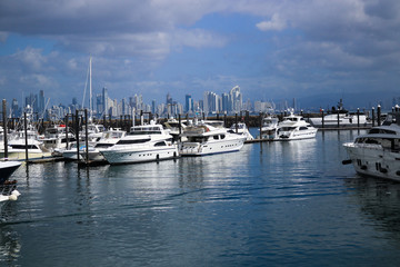 Marina full of yachts with dark clouds rolling in; scenic vacation background