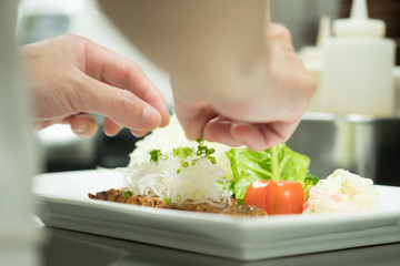 Obraz na płótnie Canvas Hands chef preparing food on table