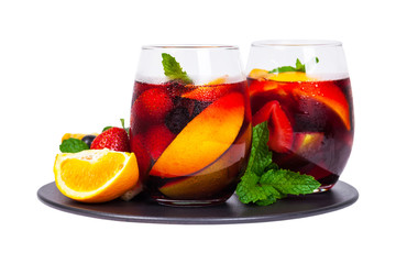 Summer Red Wine Sangria Drink Isolated on White Background. Selective focus.